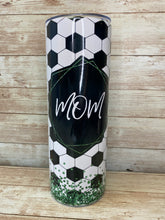 Load image into Gallery viewer, Mom soccer tumbler with soccer ball pattern and green glitter grass.