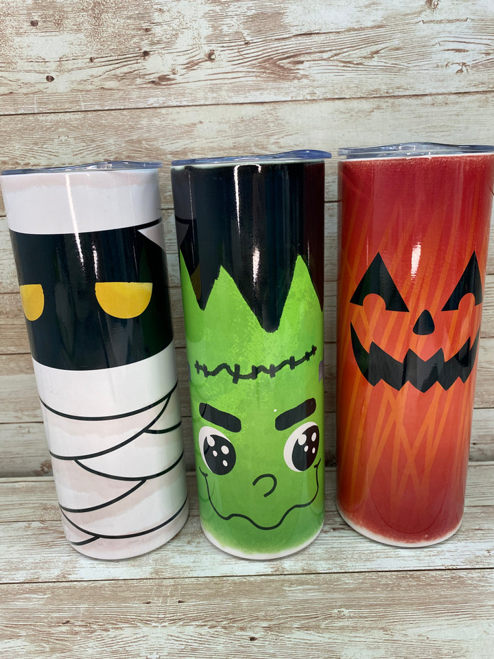 Halloween Tumblers, Mummy, Frankenstein, Jack-o-lantern 
