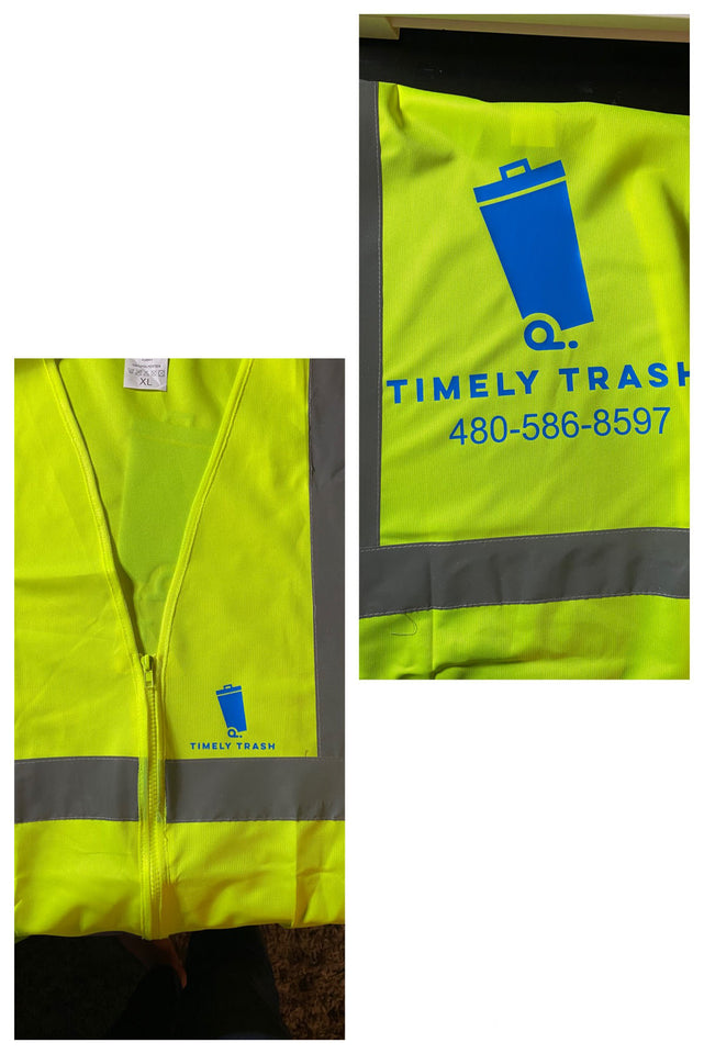Timely Trash Business logo on safety vest