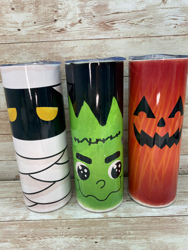 Halloween Tumblers, Mummy, Frankenstein, Jack-o-lantern