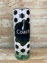 Load image into Gallery viewer, Coach soccer tumbler with soccer ball pattern and green glitter grass.
