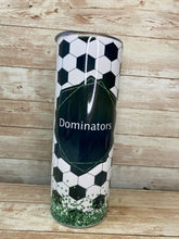 Load image into Gallery viewer, Team name soccer tumbler with soccer ball pattern and green glitter grass.
